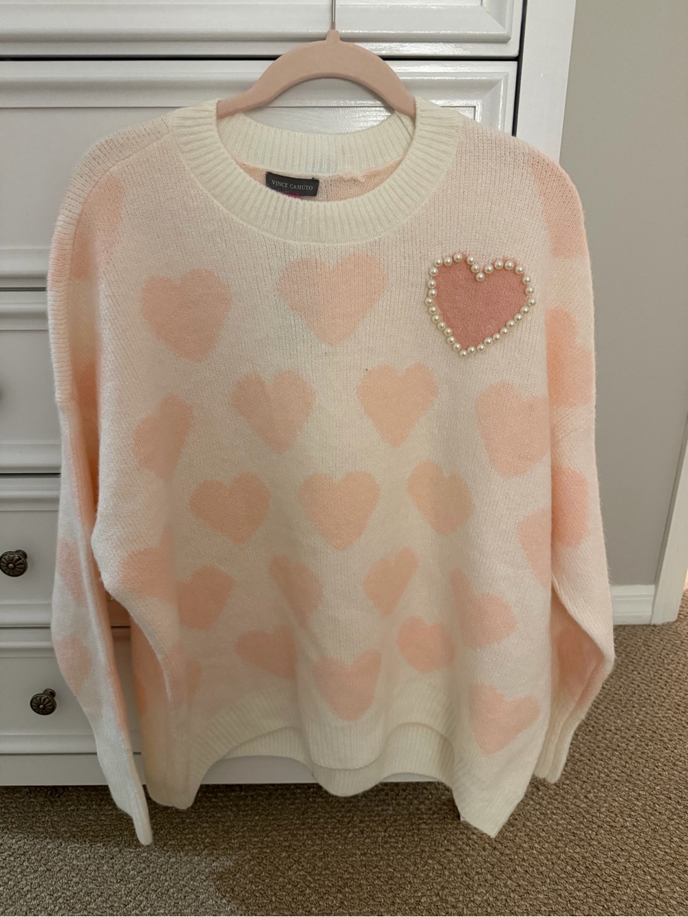 Vince Camuto Cream Sweater with Blush Heart Motif and Pearl Accent